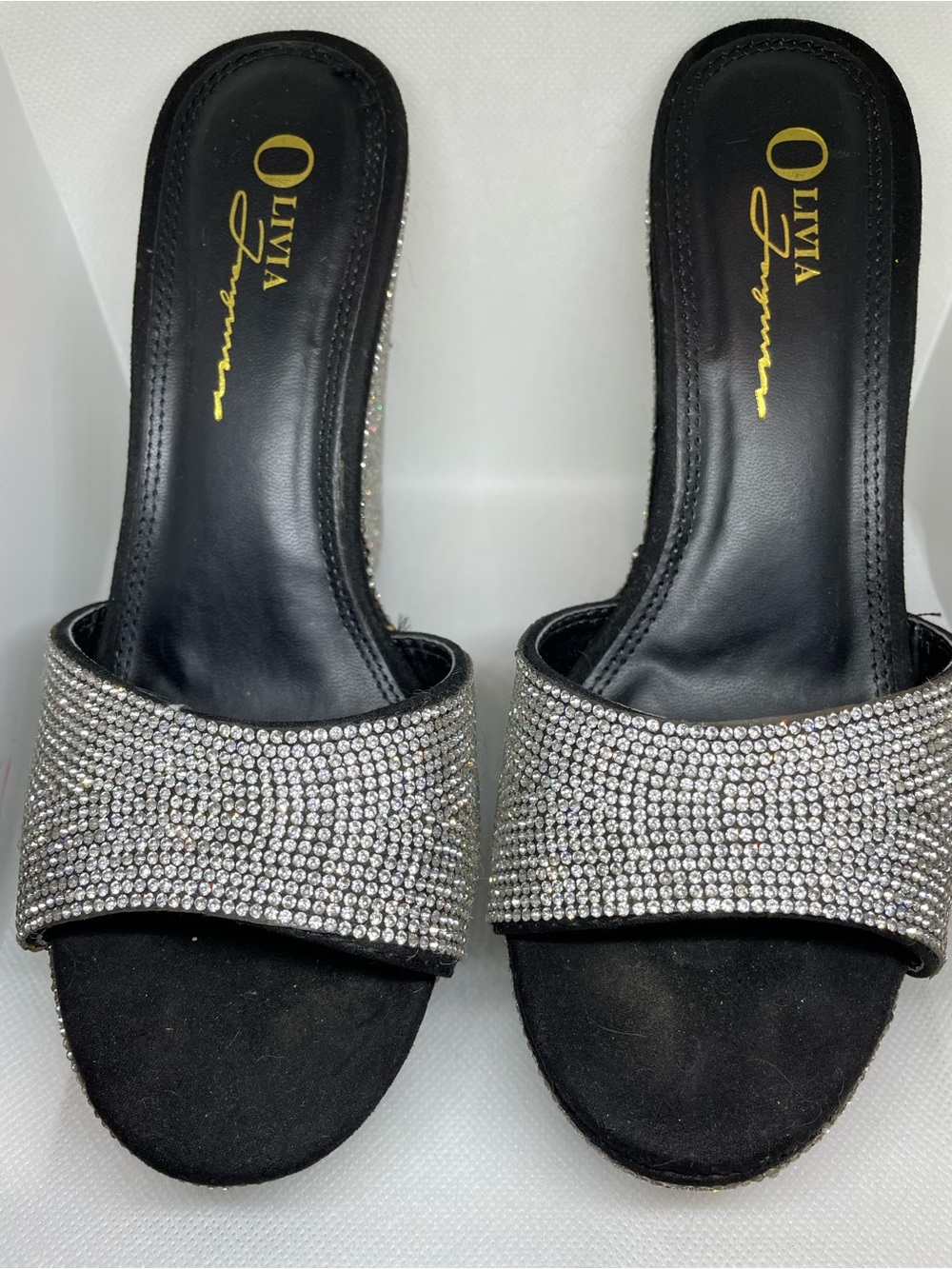 Olivia Jaymes Women's Black Slide Sandals with Silver Rhinestone Band